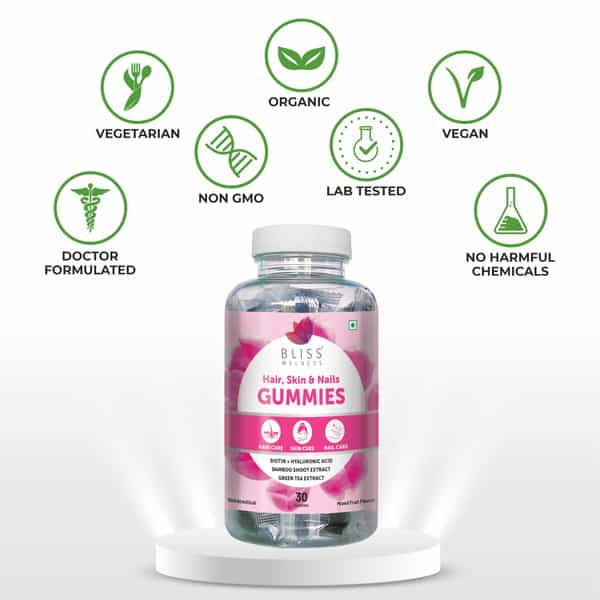 Bliss Welness Hair Skin & Nail Multivitamin Gummies - 30 Veg Gummies (Mixed Fruit Flavor)