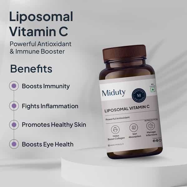 Miduty Liposomal Vitamin C - Immunity Booster - Antioxidant - Skin Glow - 8X Absorption - 90 Capsule