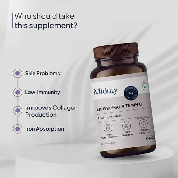 Miduty Liposomal Vitamin C - Immunity Booster - Antioxidant - Skin Glow - 8X Absorption - 90 Capsule