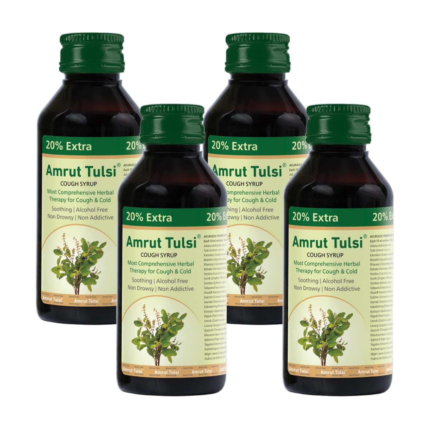 Amrut Tulsi Cough Syrup 100 Ml | Cough & Throat Irritation | Non Drowsy (Pack Of 4)