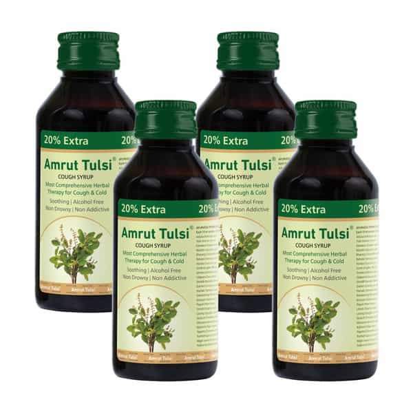 Amrut Tulsi Cough Syrup 100 Ml | Cough & Throat Irritation | Non Drowsy (Pack Of 4)
