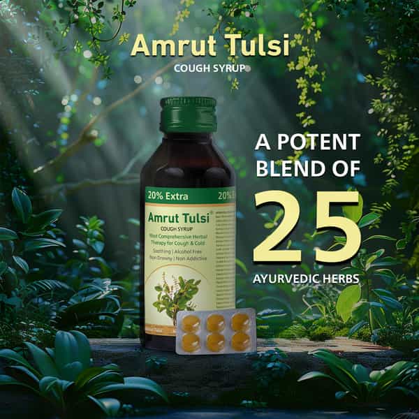 Amrut Tulsi Cough Syrup 100 Ml | Cough & Throat Irritation | Non Drowsy (Pack Of 4)