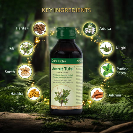 Amrut Tulsi Cough Syrup 100 Ml | Cough & Throat Irritation | Non Drowsy (Pack Of 4)
