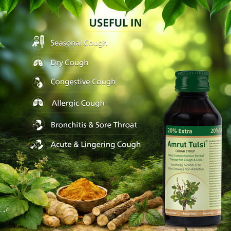 Amrut Tulsi Cough Syrup 100 Ml | Cough & Throat Irritation | Non Drowsy (Pack Of 4)