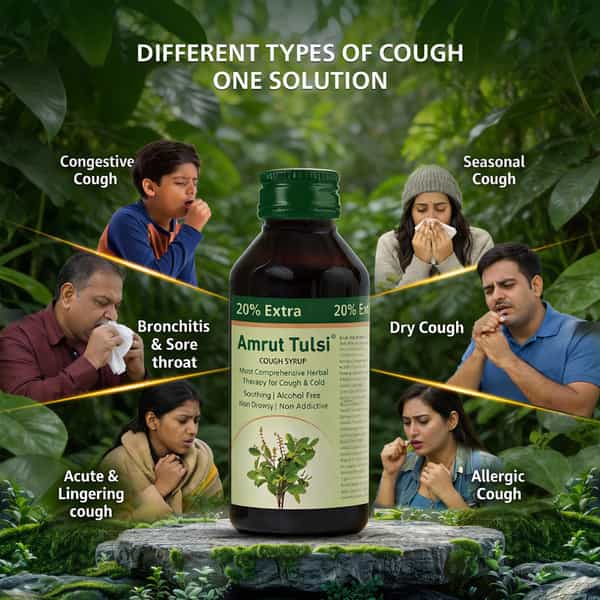 Amrut Tulsi Cough Syrup 100 Ml | Cough & Throat Irritation | Non Drowsy (Pack Of 4)