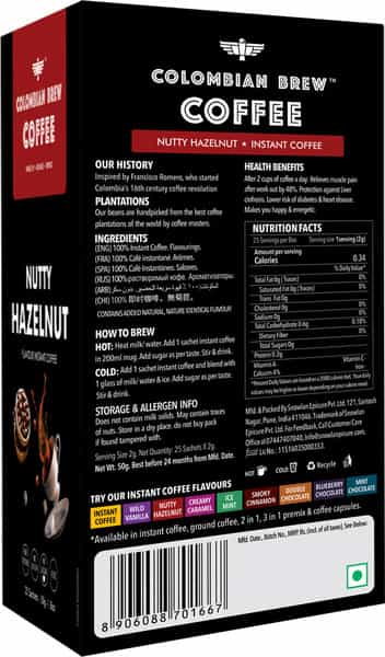 Colombian Brew Hazelnut Instant Coffee No Sugar Vegan 50Gm