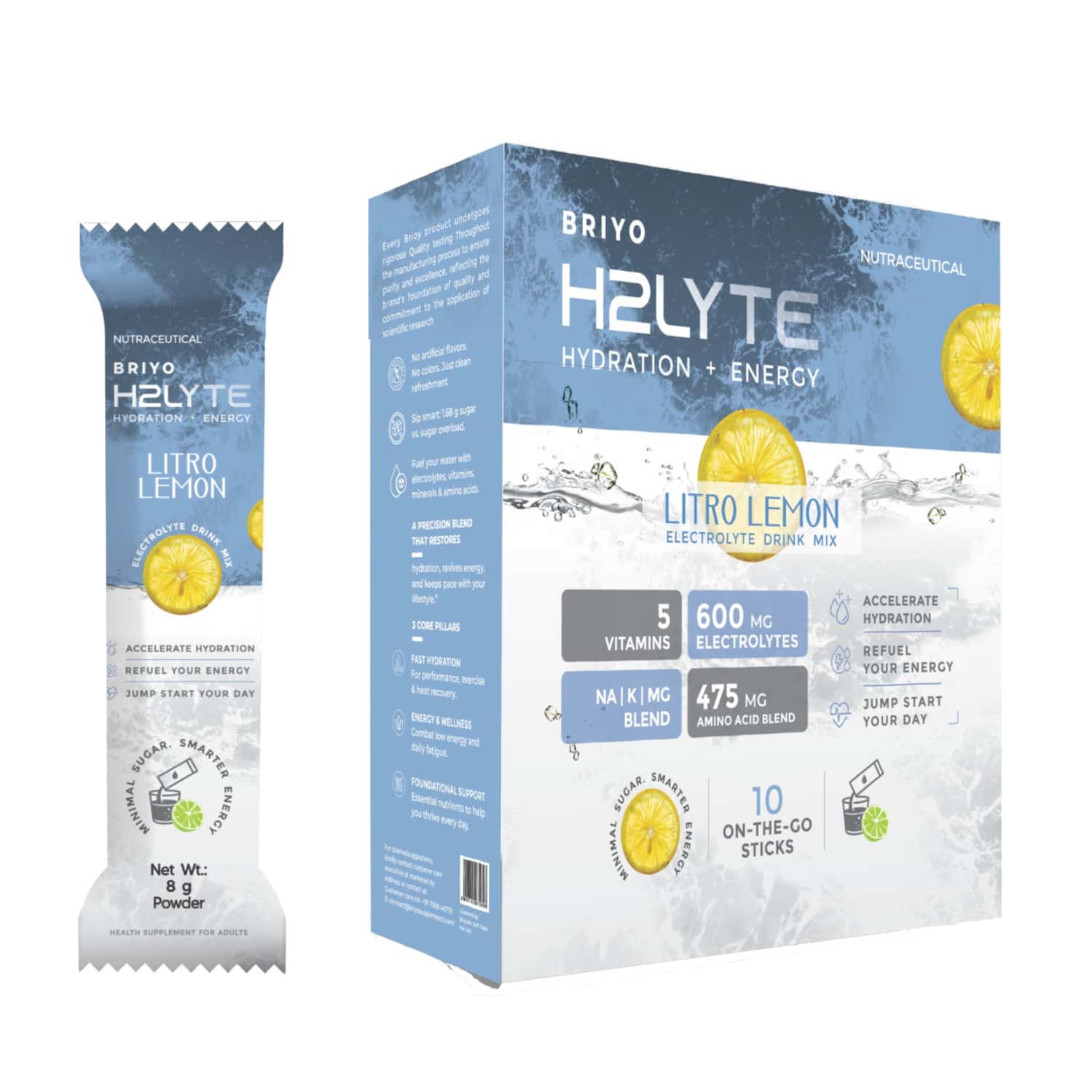Briyo H2lyte Electrolyte Drink | Low Sugar Hydration With Vitamins & Amino Acids Litro Lemon 10 Nos
