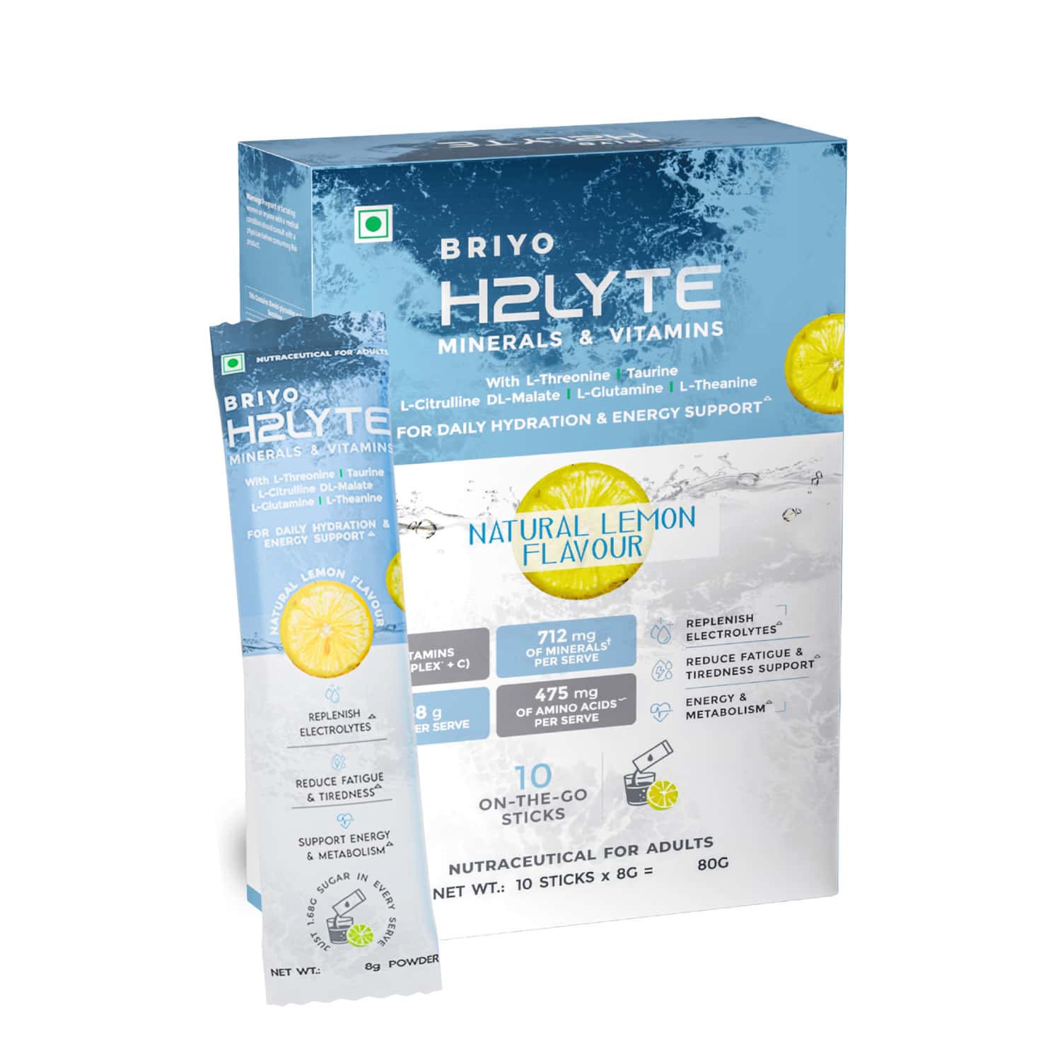Briyo H2lyte Electrolyte Drink | Low Sugar Hydration With Vitamins & Amino Acids Litro Lemon 10 Nos