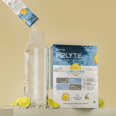 Briyo H2lyte Electrolyte Drink | Low Sugar Hydration With Vitamins & Amino Acids Litro Lemon 10 Nos