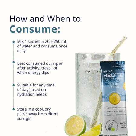 Briyo H2lyte Electrolyte Drink | Low Sugar Hydration With Vitamins & Amino Acids Litro Lemon 10 Nos
