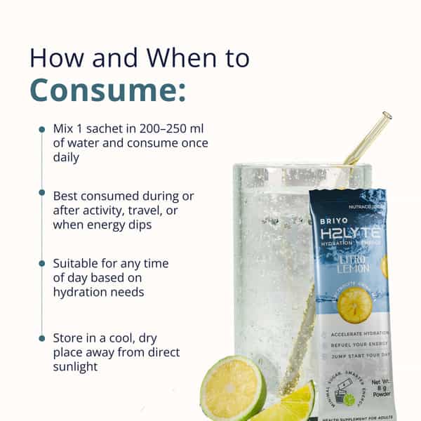 Briyo H2lyte Electrolyte Drink | Low Sugar Hydration With Vitamins & Amino Acids Litro Lemon 10 Nos