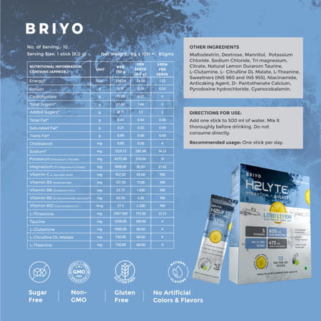 Briyo H2lyte Electrolyte Drink | Low Sugar Hydration With Vitamins & Amino Acids Litro Lemon 10 Nos