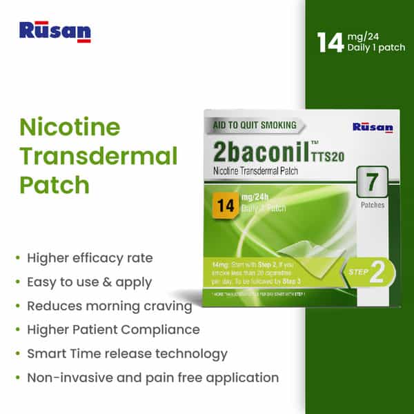 Rusan 2Baconil 14Mg | 3 Months Therapy Plan | Box | 7 Nicotine Transdermal Patch | Pack Of 12