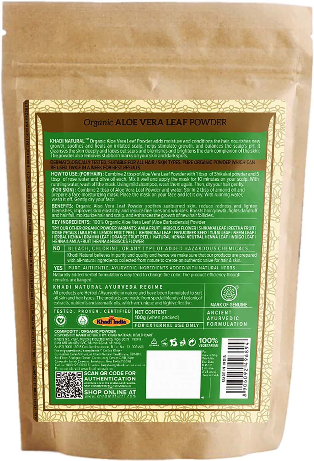 Buy KHADI NATURAL ALOE VERA LEAF ORGANIC POWDER 100 GM Online & Get