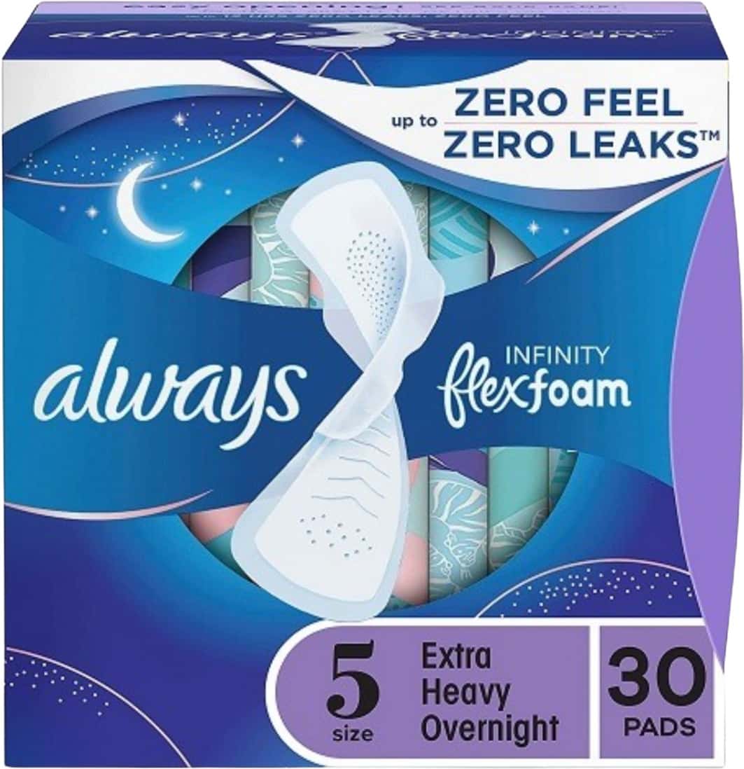Always Infinity Flexfoam Pads Size 5 Extra Heavy Overnight Absorbency|12 Hours| Wings Unscented| 30n