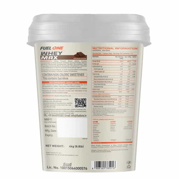 Fuel One Whey Max | Whey Protein Concentrate & Whey Protein Isolate | 27G Protein (Chocolate | 4Kg)