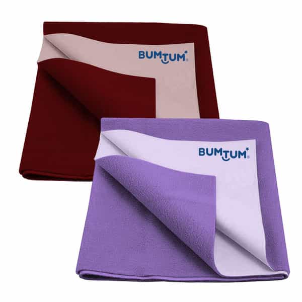 Bumtum Dry Sheet Leakproof Baby Bed Protector (Maroon + Lilac Large Size 100*140Cm|Pack Of 2)