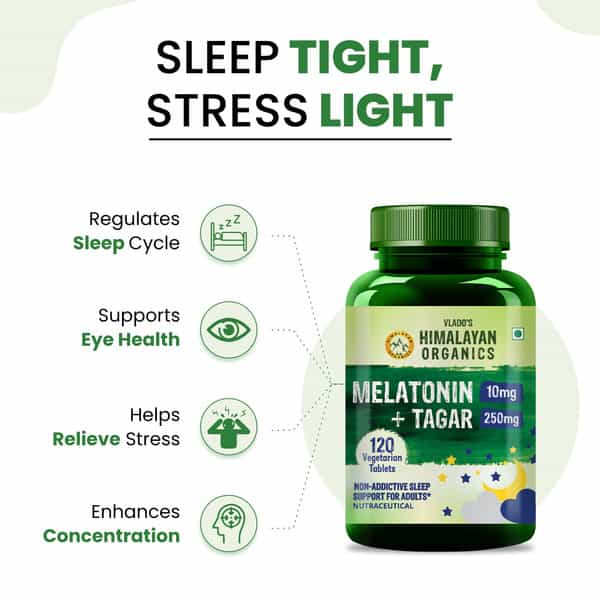 Vlado's Himalayan Organics Melatonin 10Mg + Tagar 250Mg | Potent Sleep Aid Formula | 120 Veg Tablets