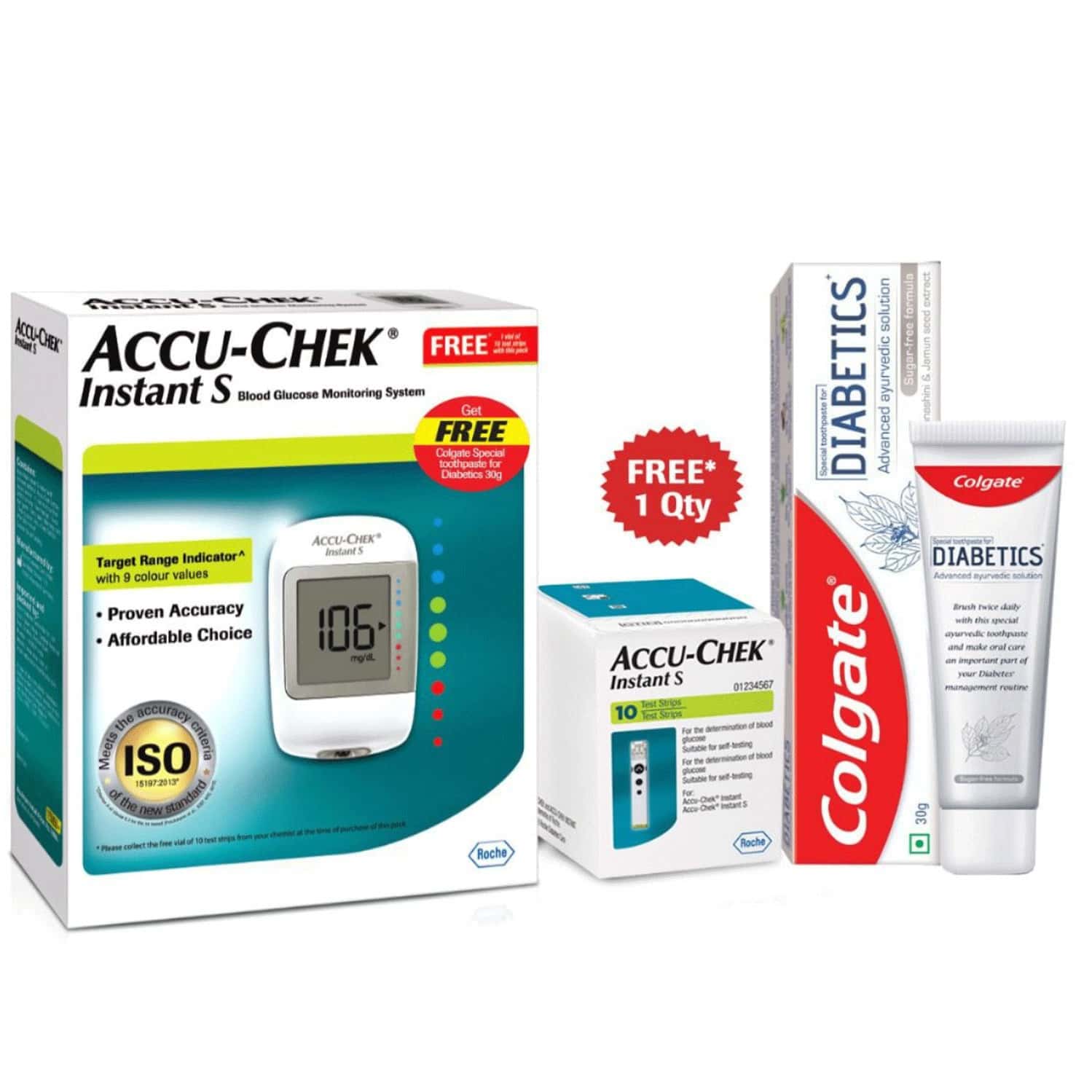 Accu-Chek Instant S Glucometer With 10 Strips With Free 30gm Pack Of Colgate Diabetics Toothpaste