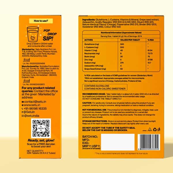 Setu Skin Renew - 90 Effervescent Tablets | Glutathione With Vitamin C | Gluta Fizz Orange Flavour