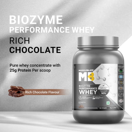 Muscleblaze Biozyme Performance Whey Protein Powder | Rich Chocolate (1Kg) | 25G Protein