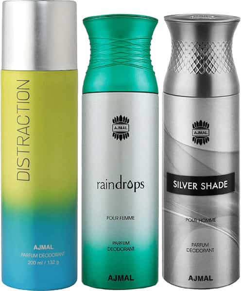 Ajmal 1 Distraction For Unisex 1 Raindrops For Women 1 Silver Shade For Men Deo Combo Pack 3- 600Ml