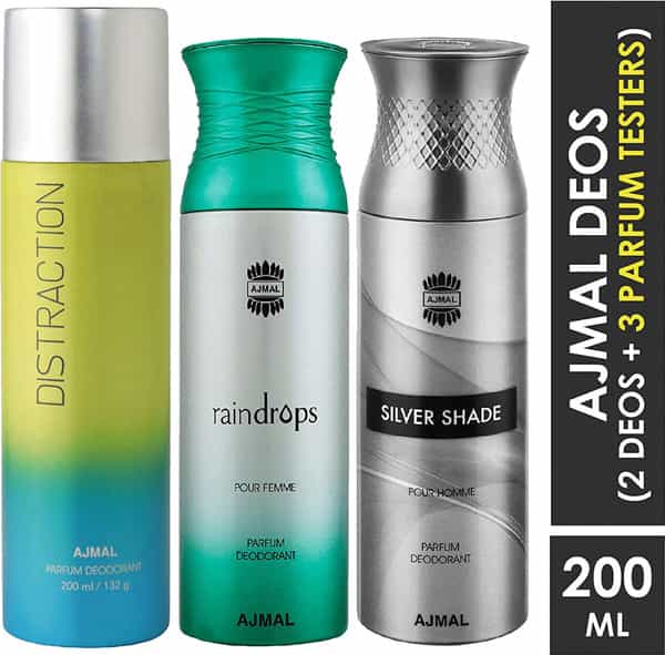 Ajmal 1 Distraction For Unisex 1 Raindrops For Women 1 Silver Shade For Men Deo Combo Pack 3- 600Ml