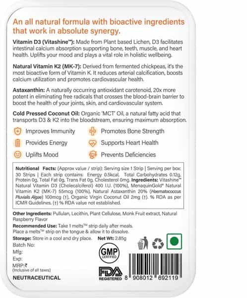 Wellbeing Nutrition Melts Natural Vitamin D3 + K2 For Improved Bone Health 30 Strips
