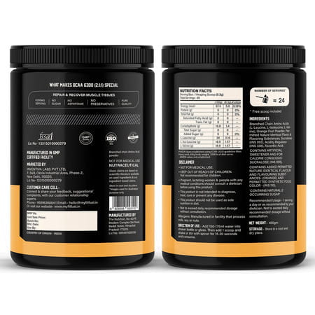 Myfitfuel Bcaa 6300 2:1:1 (400 Gm) Tangy Orange| Leucine | Isoleucine | Valine