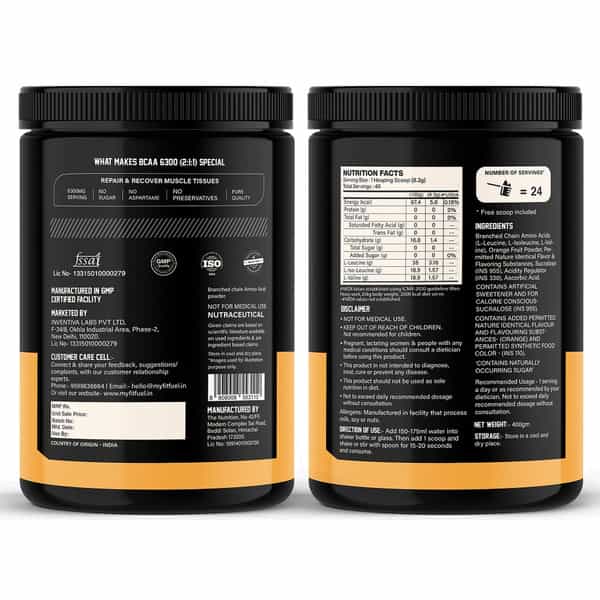 Myfitfuel Bcaa 6300 2:1:1 (400 Gm) Tangy Orange| Leucine | Isoleucine | Valine