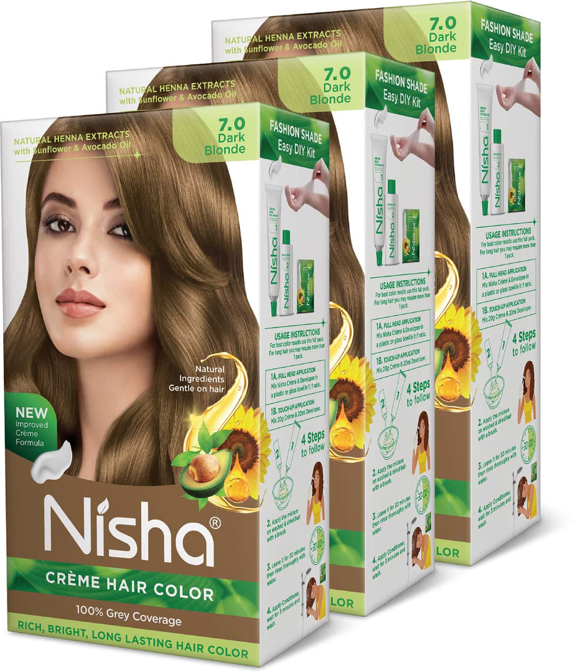 Nisha Creme Hair Color 7.0 Dark Blonde 150g Pack Of 3 | Permanent Hair Colour | 100% Grey Coverage
