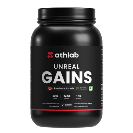 Athlab Unreal Gains Mass Gainer | Naturally Flavoured & Sweetened - Strawberry Smooth | 1 Kg