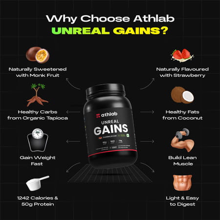 Athlab Unreal Gains Mass Gainer | Naturally Flavoured & Sweetened - Strawberry Smooth | 1 Kg