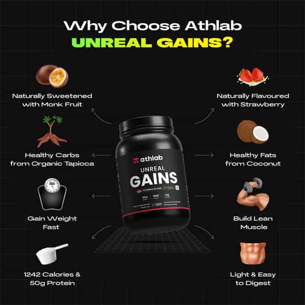 Athlab Unreal Gains Mass Gainer | Naturally Flavoured & Sweetened - Strawberry Smooth | 1 Kg