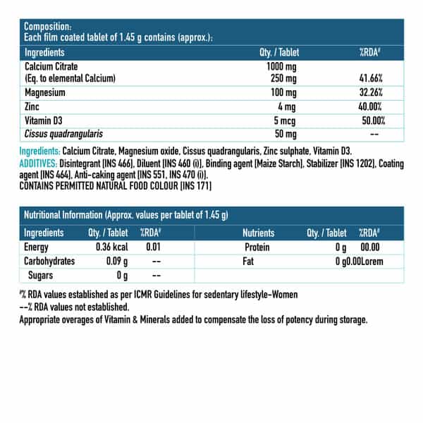 Hk Vitals Calcium Magnesium & Zinc (60 Tablets) | With Vitamin D3 | Calcium Supplement