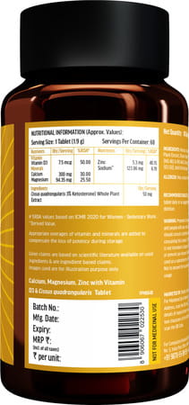 Hk Vitals Calcium Magnesium & Zinc (60 Tablets) | With Vitamin D3 | Calcium Supplement