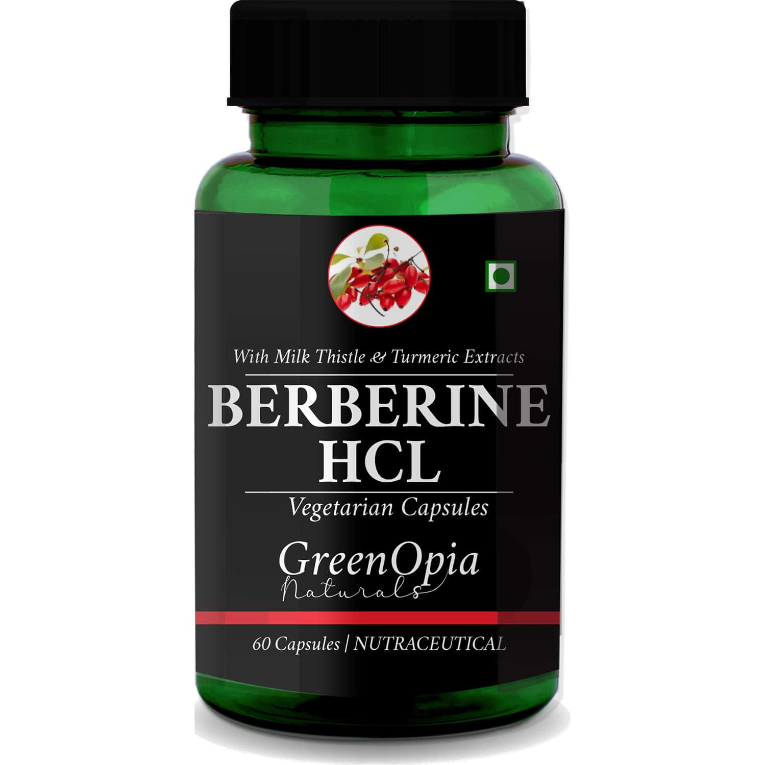 Greenopia Berberine Hcl With Milk Thistle & Turmeric Extracts | 60 Vegetarian Capsules
