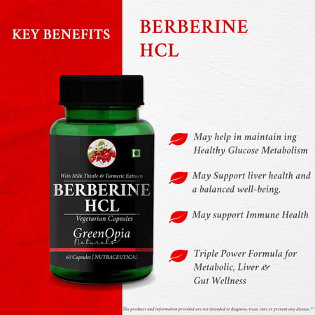 Greenopia Berberine Hcl With Milk Thistle & Turmeric Extracts | 60 Vegetarian Capsules