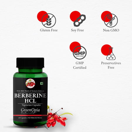 Greenopia Berberine Hcl With Milk Thistle & Turmeric Extracts | 60 Vegetarian Capsules