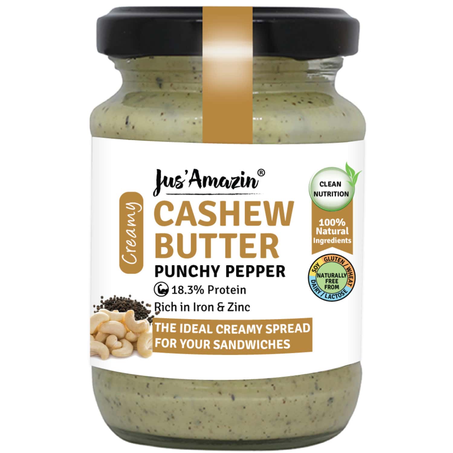 Jus Amazin Creamy Cashew Butter Punchy Pepper -125g|Clean Nutrition|93% Cashewnuts|Dairy Free