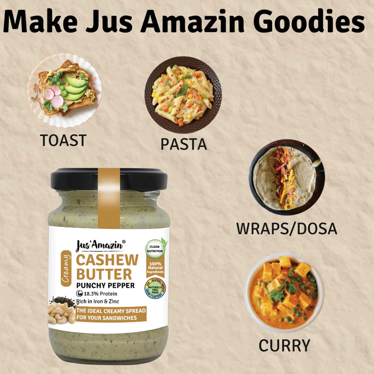 Buy JUS AMAZIN CREAMY CASHEW BUTTER PUNCHY PEPPER 125GCLEAN NUTRITION