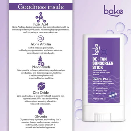 Bake De-Tan Sunscreen Stick Spf 70 Pa++++ With Kojic & Arbutin (20g)