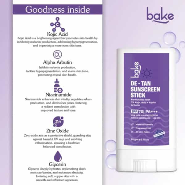 Bake De-Tan Sunscreen Stick Spf 70 Pa++++ With Kojic & Arbutin (20G)