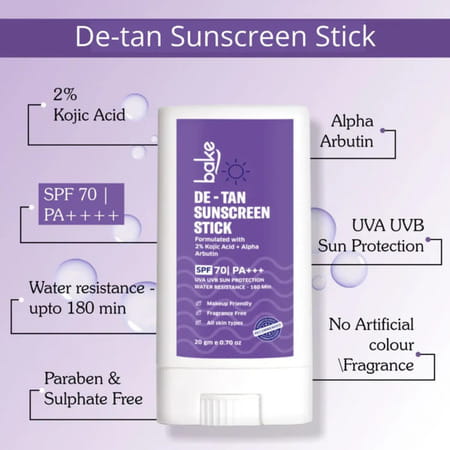 Bake De-Tan Sunscreen Stick Spf 70 Pa++++ With Kojic & Arbutin (20g)