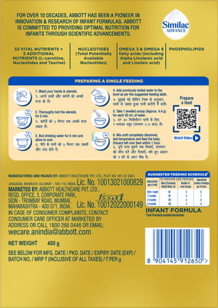 Similac Advance Stage 1 Infant Formula (Upto 6 Months) Refill Of 400 G