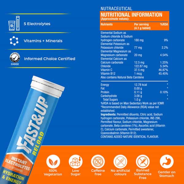 Fast&Up Reload (35 Litres) Low Sugar Energy Drink - 140 Effervescent Tablets - Blueberry Flavour