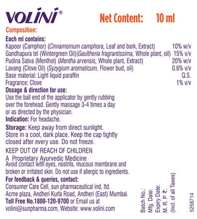 Volini Roll-On | For Headache Relief | With Clove & Mint | 10 Ml