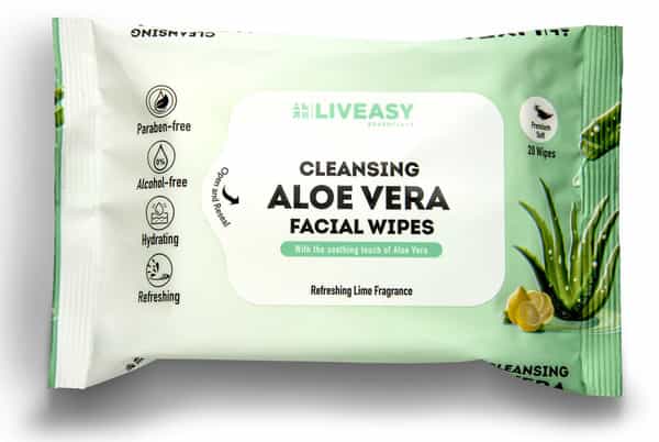 Liveasy Aloe Vera Facial Wipes - Pack Of 20 - Refreshing Lemon Flavour Cleansing Wipes