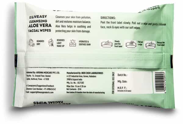 Liveasy Aloe Vera Facial Wipes - Pack Of 20 - Refreshing Lemon Flavour Cleansing Wipes