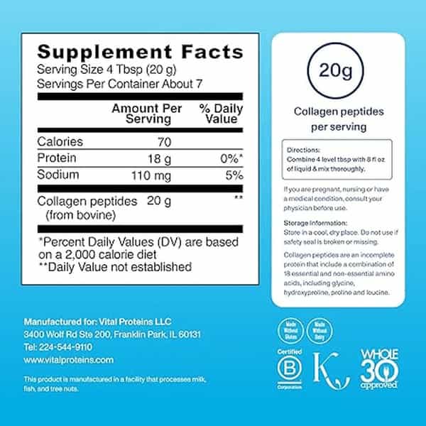 Vital Proteins Collagen Peptides Powder | Grass Fed | Paleo & Gluten Free | 5Oz Pack (140G)